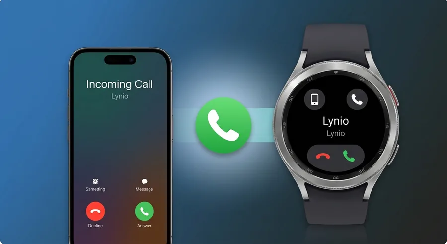 Incoming iPhone call shown on both the iPhone and a Galaxy Watch through Lynio