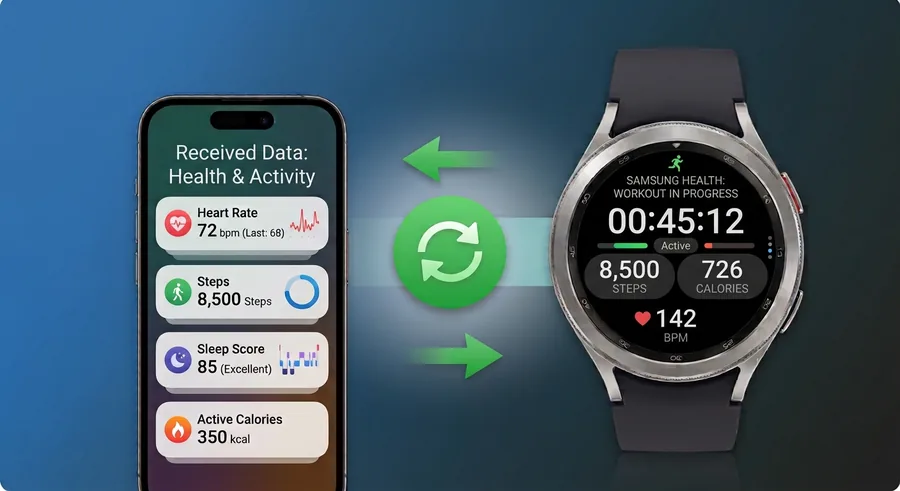 Heart rate, steps, sleep and calories synced between a Galaxy Watch workout and iPhone