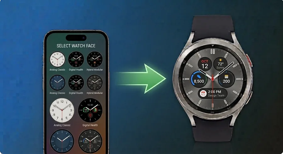 Choosing a watch face on iPhone and showing it with complications on a Galaxy Watch