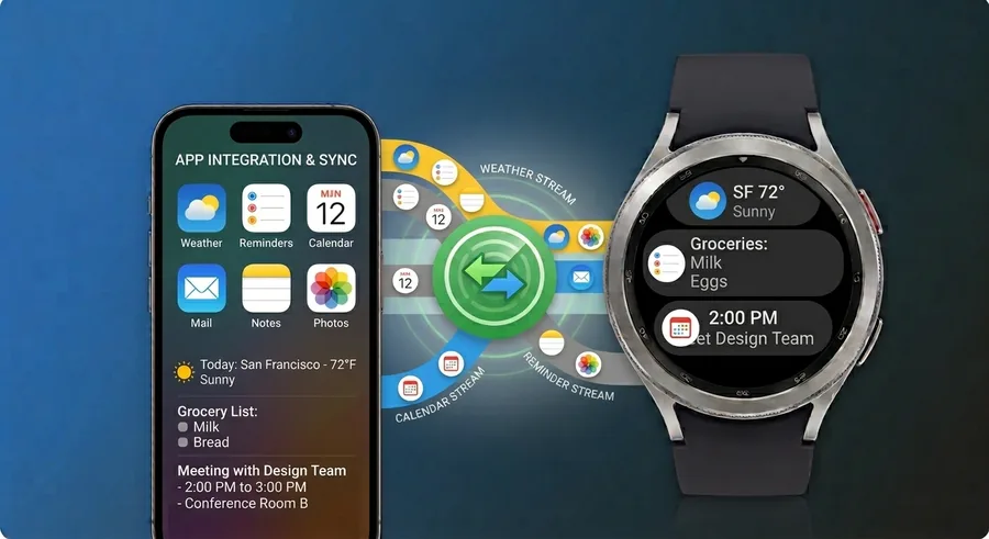 Weather, a grocery reminder and a calendar event synced from iPhone to a Galaxy Watch